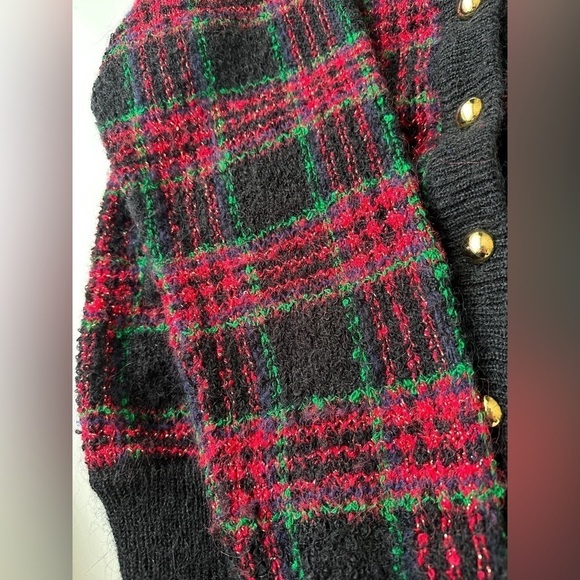 Vintage Jacobsons Holiday Plaid Sparkle Fuzzy Wool Blend Cardigan Sweater Petite - Picture 5 of 8